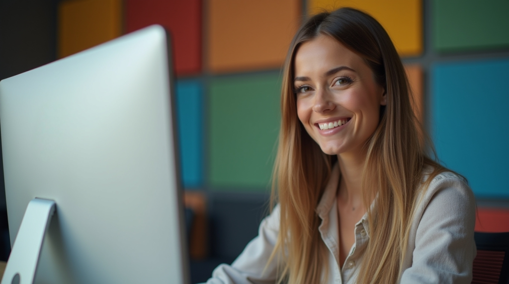 Web accessibility w newsletterach i mailingach. Przewodnik po dostępności Web accessibility w newsletterach - uśmiechnięta kobieta siedzi przed ekranem komputera, patrząc na widza